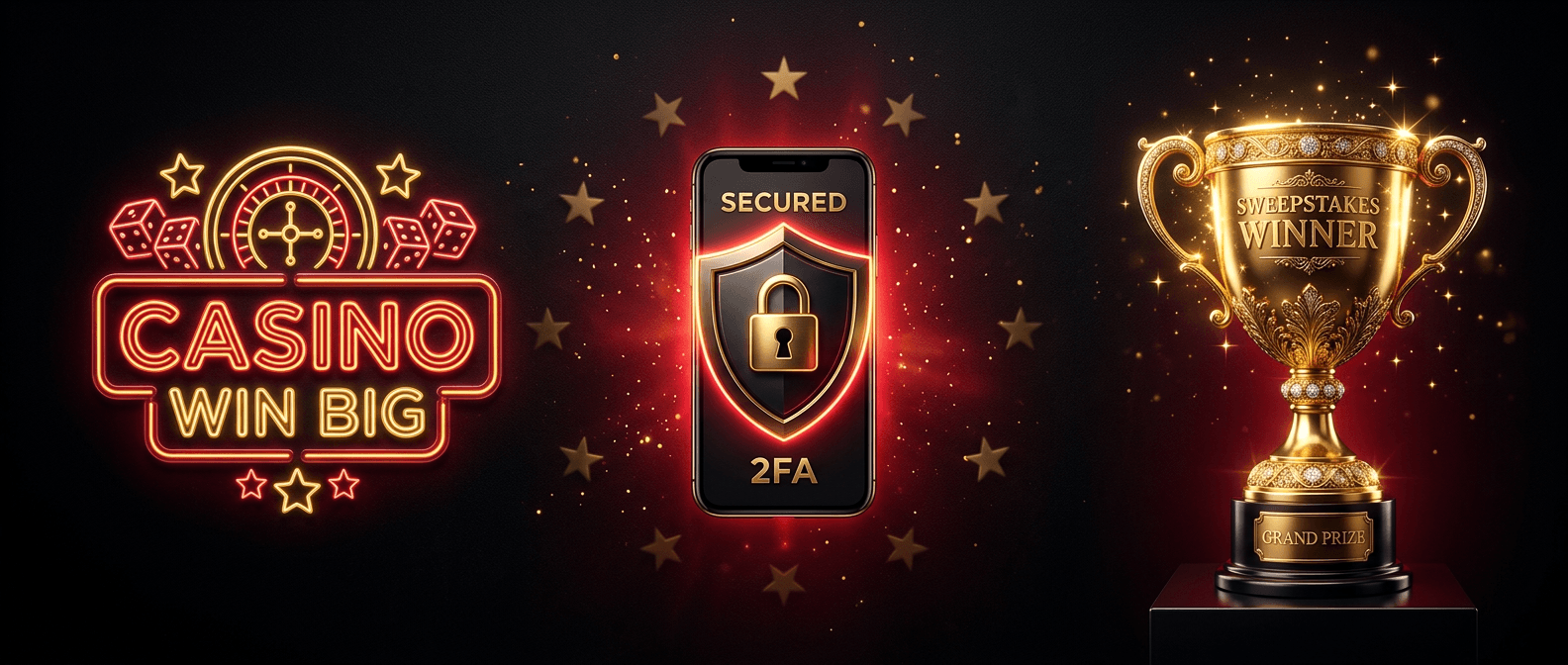 Neon casino win big sign beside a smartphone displaying a 2FA security shield and a golden sweepstakes winner grand prize trophy