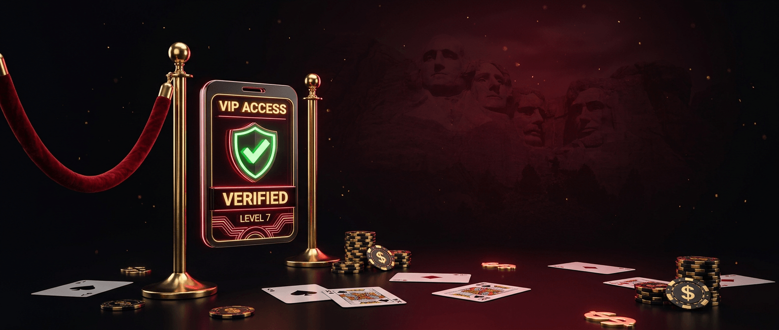 VIP access verified badge on a smartphone behind velvet rope stanchions with casino chips and playing cards beside Mount Rushmore representing verified sweepstakes casino platforms